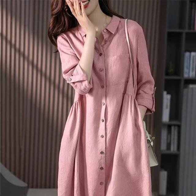 Women Elegant French Linen Shirt Dress Niche Design Solid Color A‑Line Midi Dress 9‑Points Sleeve Single‑Breasted Casual Dress M‑XXL