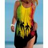 Plus-size Women's Fashion Beach Style Coconut Tree Silhouette Printed Off-shoulder Camisole Dress