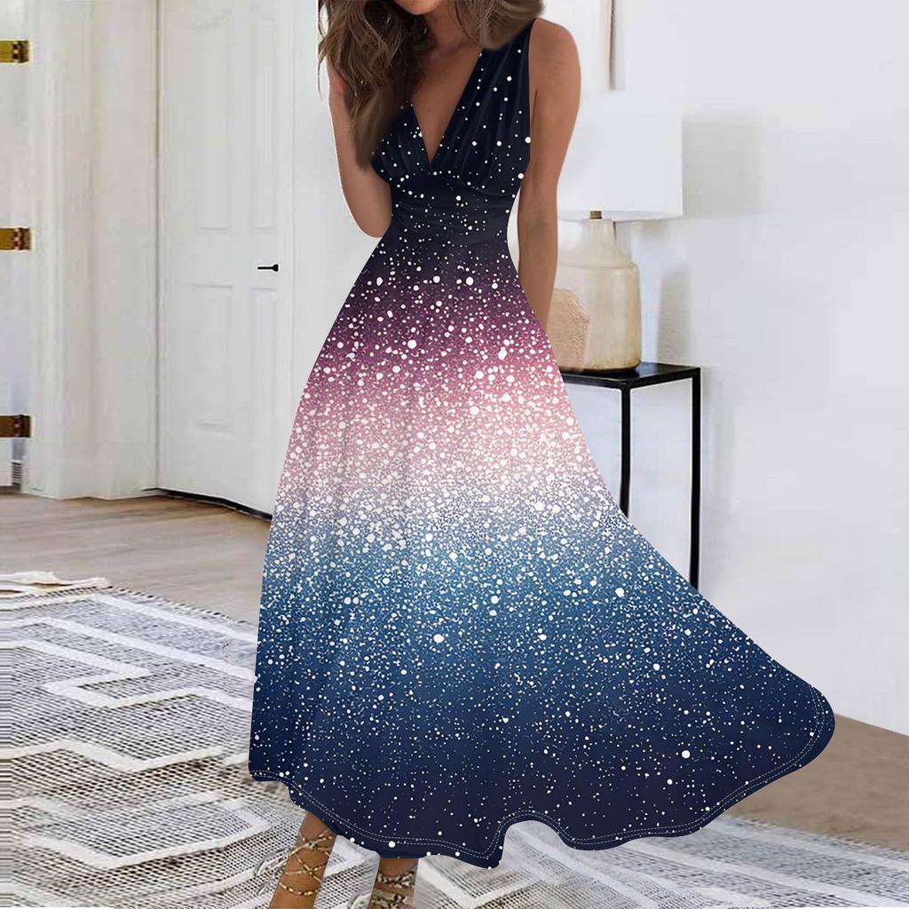 Women's Fashion Casual Loose V-Neck Sleeveless Printed Dresses