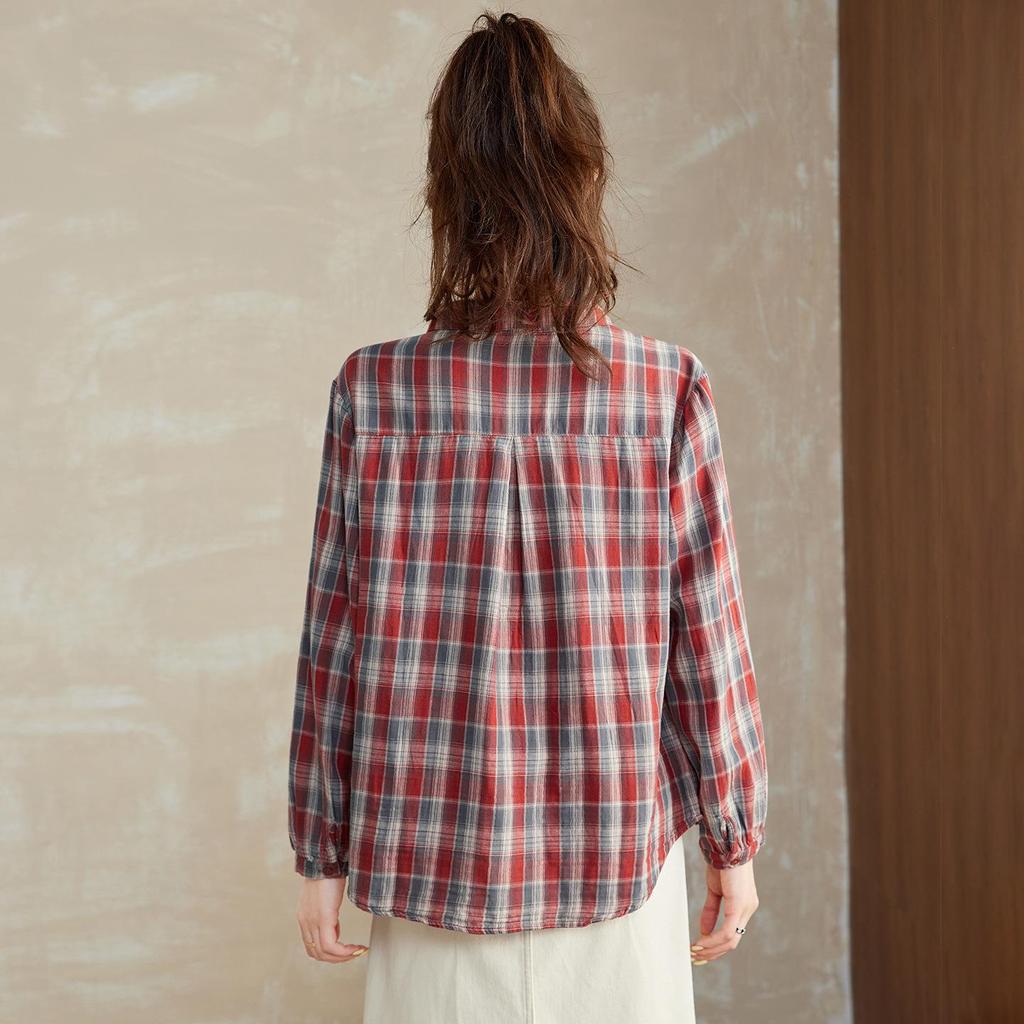 Women's Plaid Loose-Fit Cotton Long Sleeve Lapel Shirt - Spring & Autumn 2025