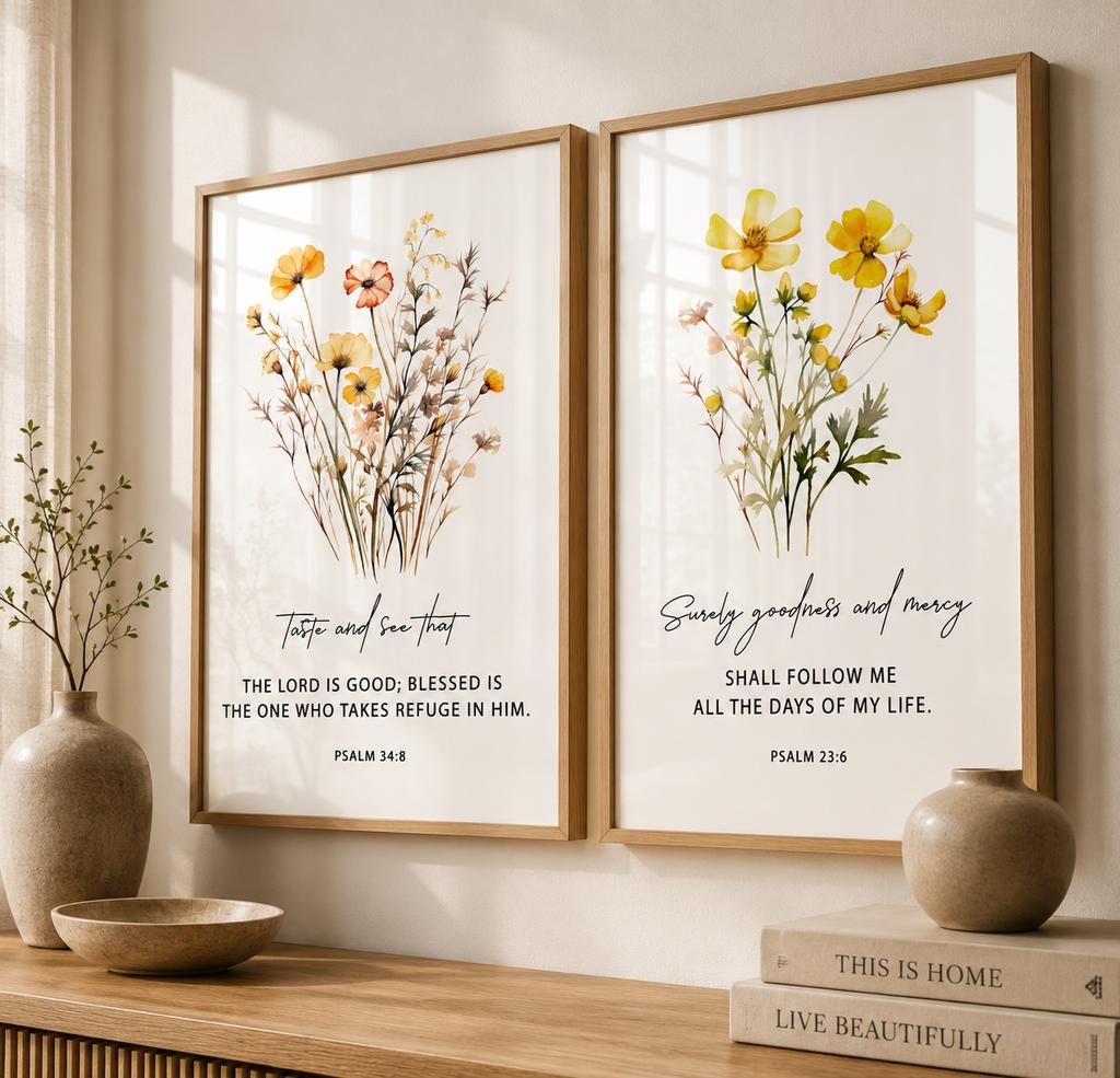Christian Bible Verse Wall Art, Motivational Quote Flower Canvas Painting | Minimalist Poster for Living Room Bedroom Decor