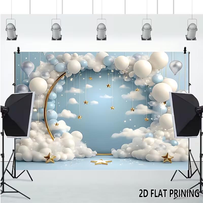 2D Blue Balloon & Star Backdrop Baby Shower & Birthday Photography Background