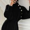 Women's Turtleneck Sweater Midi Dress Button High Neck Long Sleeve Dress Fall Ribbed Knit Long Dress with Belt