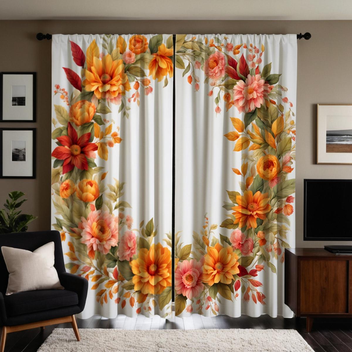 

2 шт. HD Пасторальная желтая гирлянда занавеска Зеленая желтая галстук цифровая печатная занавеска Стиль украшения дома Украсьте гостиную б W52H63inchW132H160cm