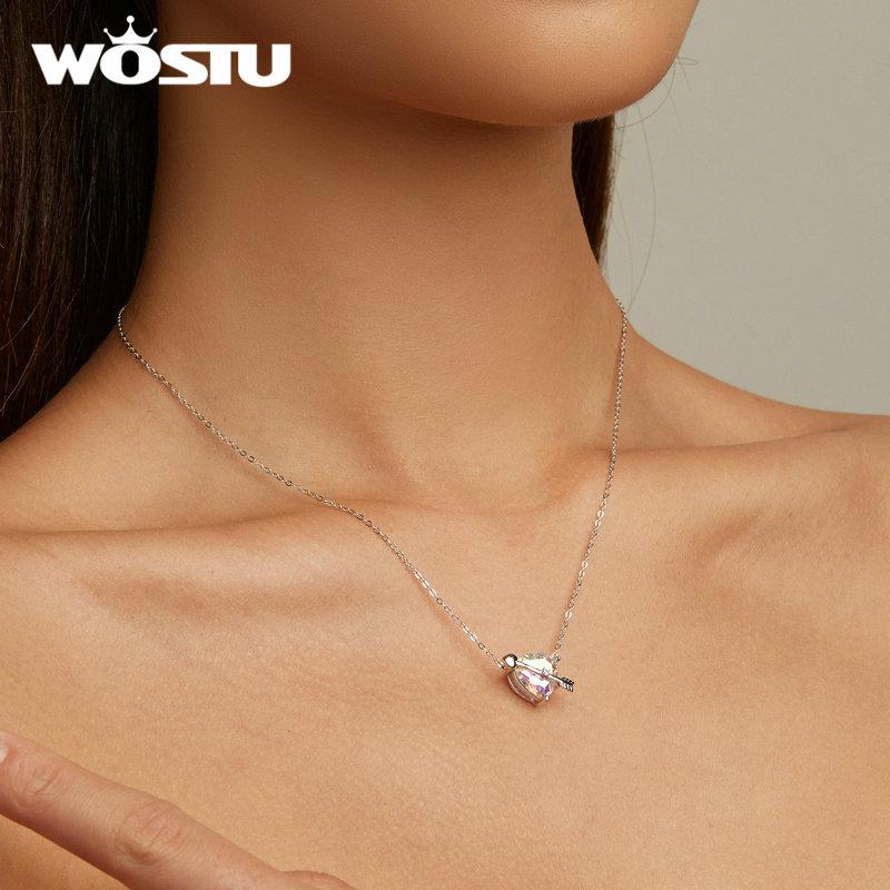 WOSTU 925 Sterling Silver Heart Rainbow Crystal Love First Sight Charm Necklace for Women Romantic Fine Jewelry Engagement Gift