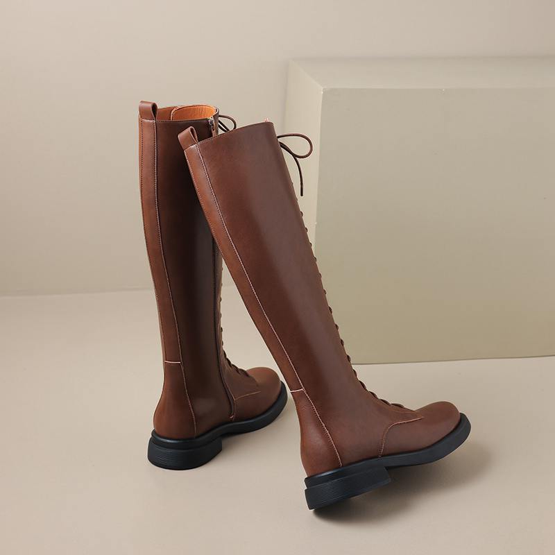 Krazing Pot Cow Split Skin Autumn Winter Shoes Concise Thick Heels Size 41 Thigh High Boots Keep Warm Round Toe Slip On Retro Knee Boots