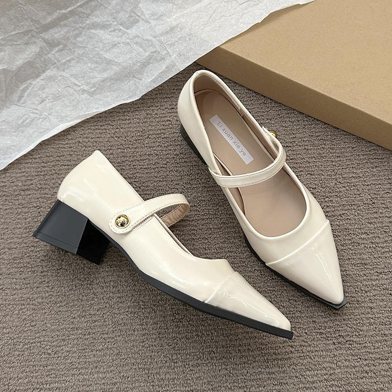 Дизайнерские Женские Туфли Мэри Джейн на Толстом Каблуке Модные Мелкие Туфли с Острым Носком Весна 2026 Вечеринка Платье Выпускной Женские Кожаные Лодочки 35 бежевый 3190₽