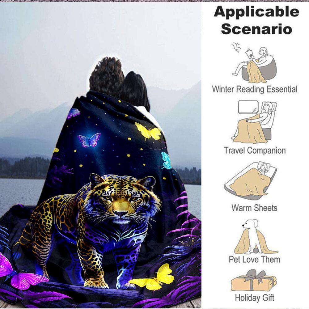 1pc Neon Jaguar Print Blanket - Lightweight Flannel Fleece with Digital Printing, Soft Warm for Sofa, Travel, Camping, Office Yy251018265