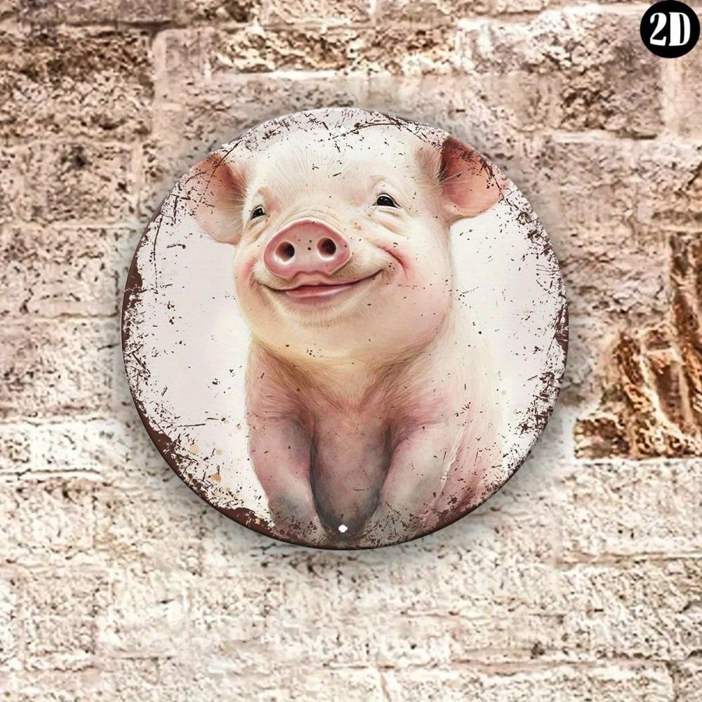 Metal Tin Pig Round Sign Farmhouse Wall Art Home Decor Bar Patio Porch