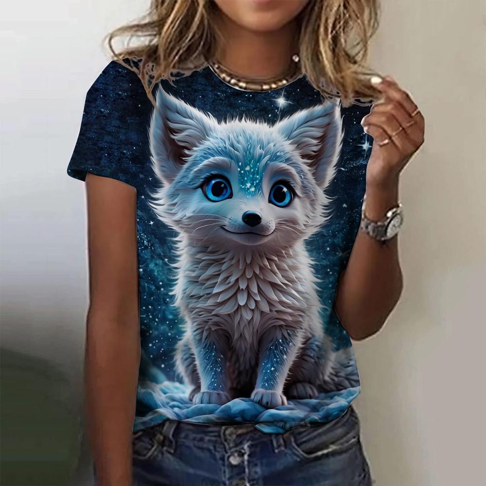 3D Printed Fox Pattern Women's T-shirt Summer Casual Round Neck Top Short Sleeve Loose T-shirt Daily Outing Short Sleeve
