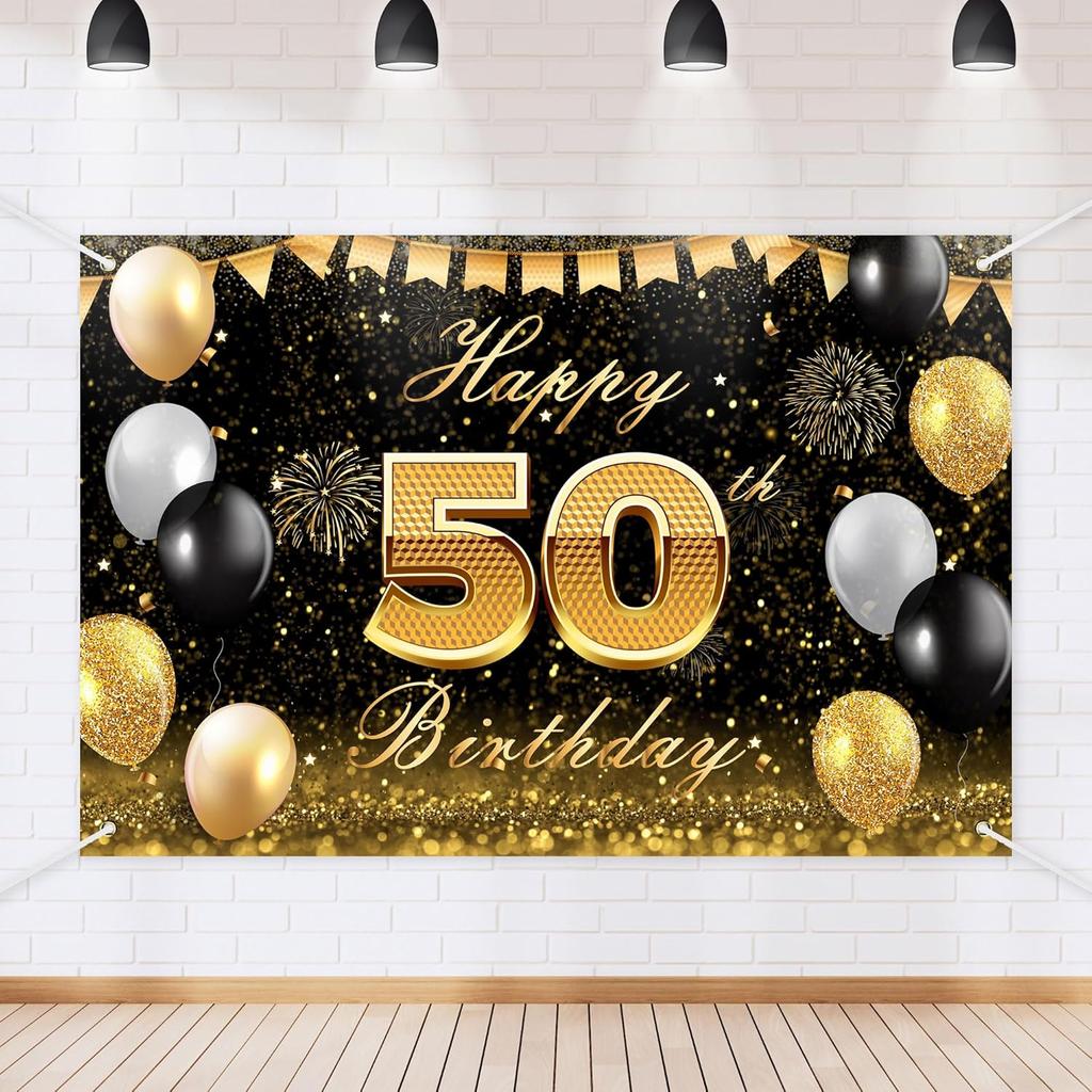 Black Gold Happy Birthday Backdrop Banner Glitter Black Gold Theme Photography Photo Prop Background Decor for Men Women Boys Girls Celebration