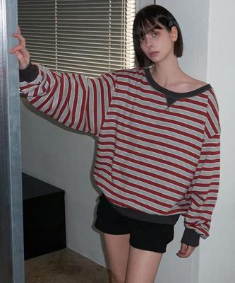 Lense Striped Off-Shoulder Sweatshirt Red