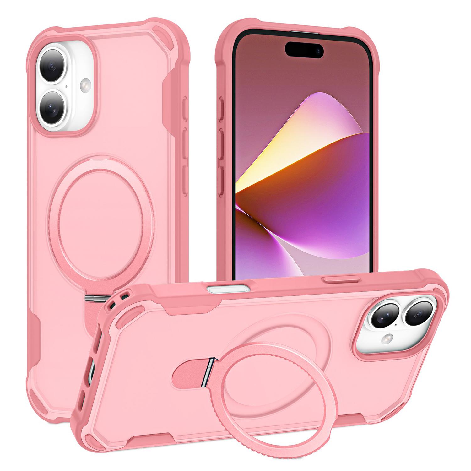 

For iPhone 16 Case Compatible with MagSafe Kickstand TPU+PC Shockproof Phone Back Cover Pink