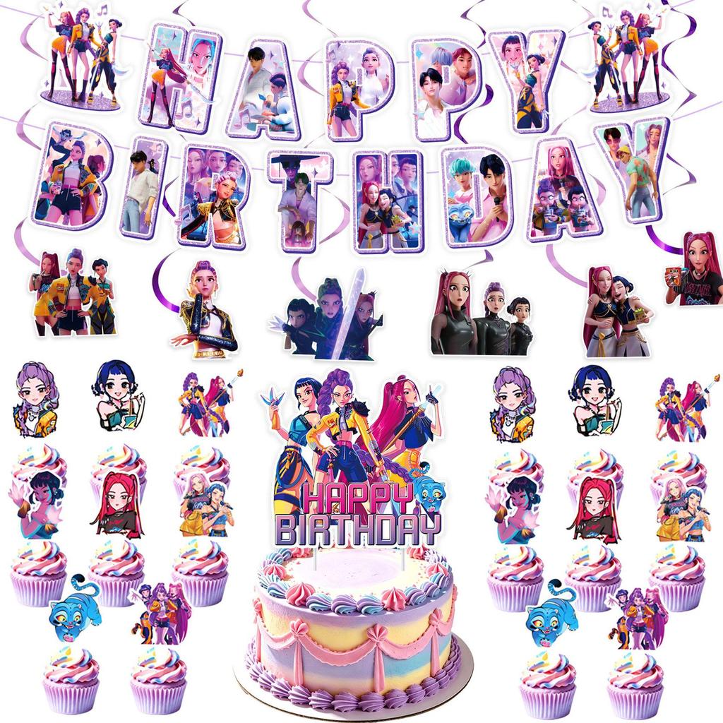 KPOP Dämonenjäger Mädchen Geburtstag Dekoration Set: Banner, Kuchendekorationen & Hängende Dekorationen