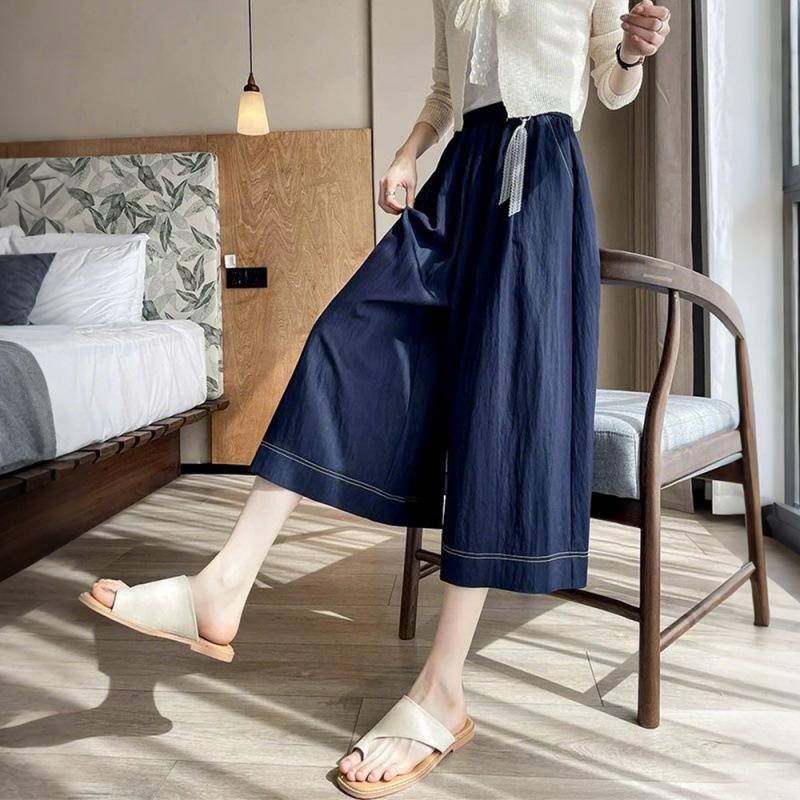 Women's High Rise Tencel Skirt Pants Loose Wide Leg Capri Jeans Soft Drape Pocket Cropped Trousers With Lace Pendant Ultra Thin Summer Pants
