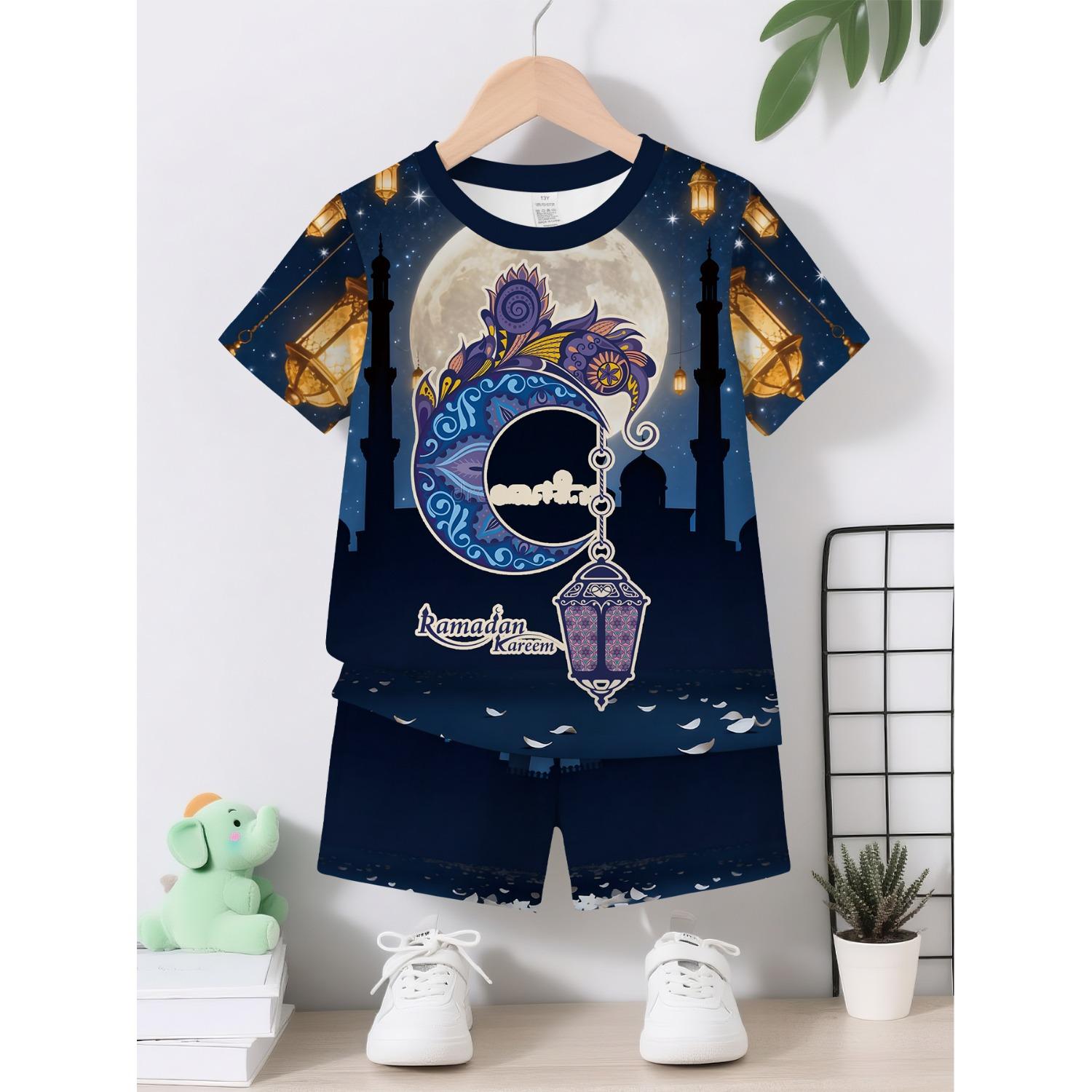 2-piece set of printed short sleeved shorts for boys 5-6Y