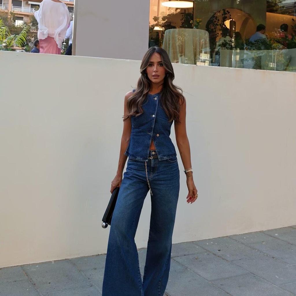 2024 Women's Sleeveless Irregular Denim Vest - European & American Style, Solid Color Fashion