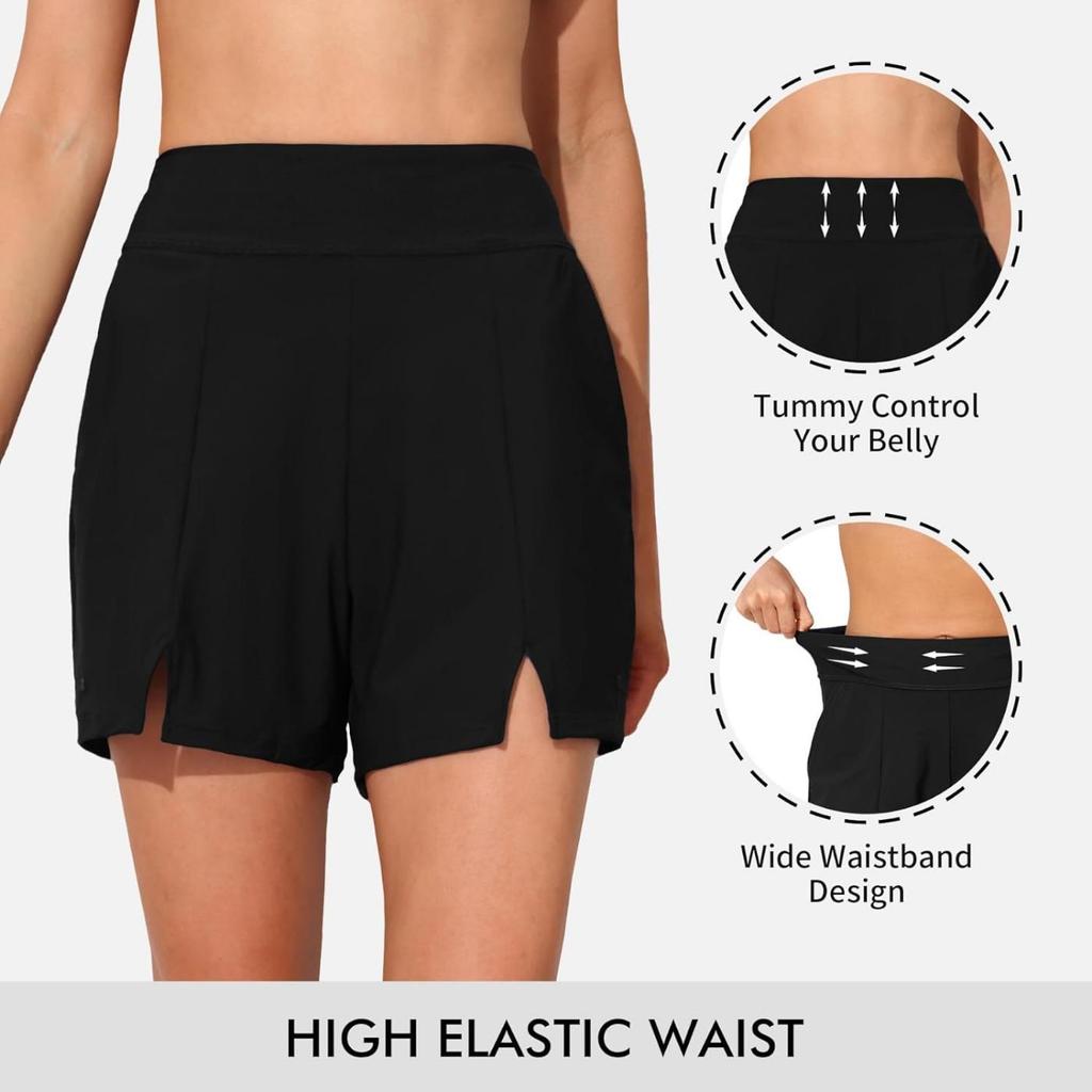 CHARMLEAKS Women Swim Shorts with Pockets High Waisted Bathing Suit Bottoms Tummy Control Swimsuit