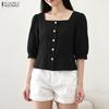 ZANZEA Damen Freizeit Quadratischer Kragen Locker Sommer Halbarm Bluse