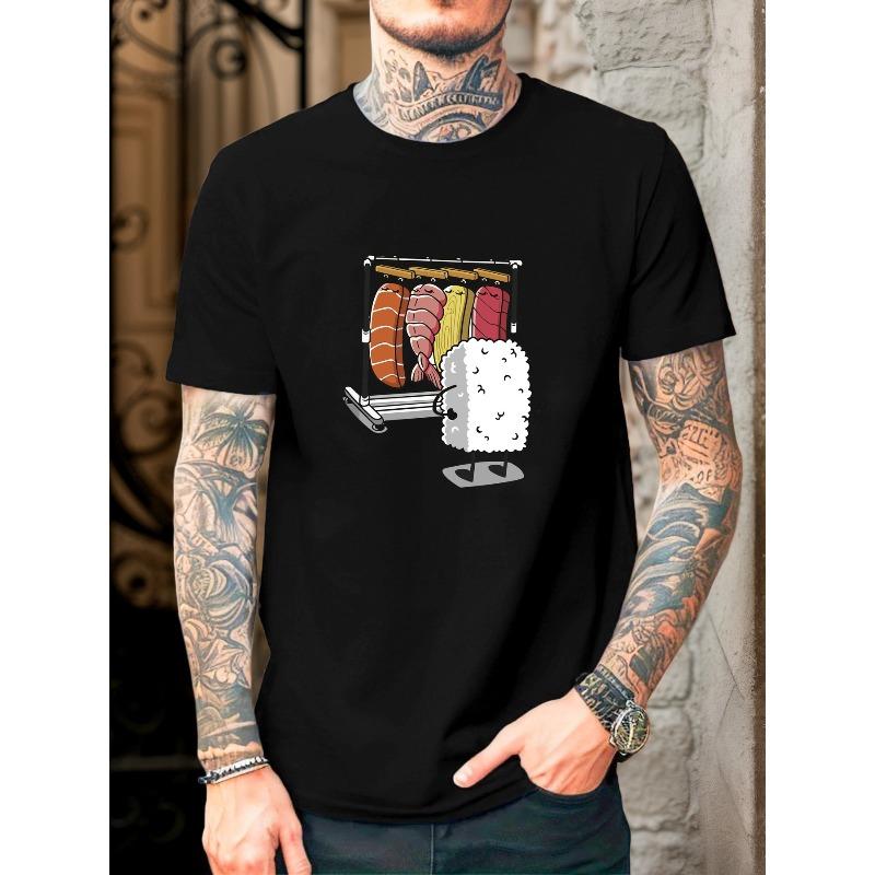 

European Size Men S Short-Sleeve T-Shirt Featuring a Fun Sushi Print, Breathable And Casual, Perfect for Summer Sports, Stylish And Loose-Fitting 4XL чорний