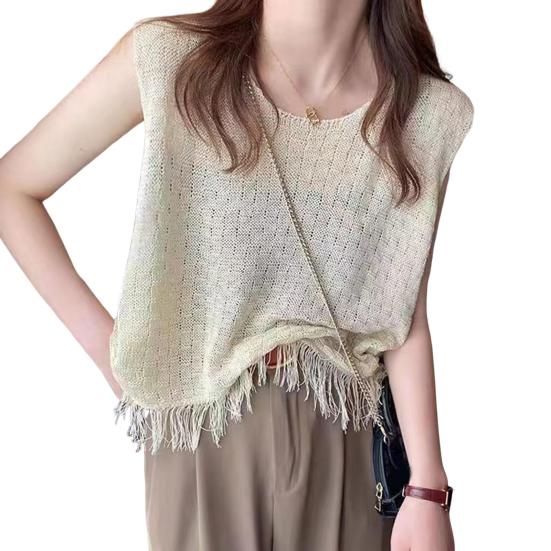 Women Vest Tops Round Neck Sleeveless Tassel Hem Tank Tops Solid Color Loose Fit Knitting Camisole Daily Wear