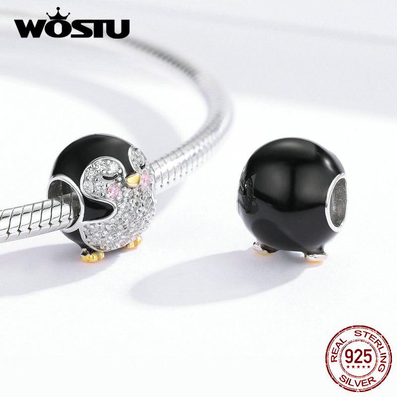WOSTU Dijes de plata de ley 925 con forma de pingüino regordete y circonita negra que se adaptan a la pulsera original
