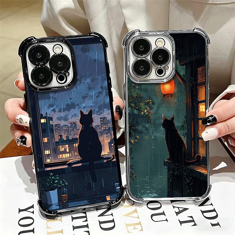 Healing Sense Cat Rain Plating Phone Case For Iphone 16 17 Pro Max Air 16E 14 15 Plus 12 13 Mini Anti-Fall Airabag Cover