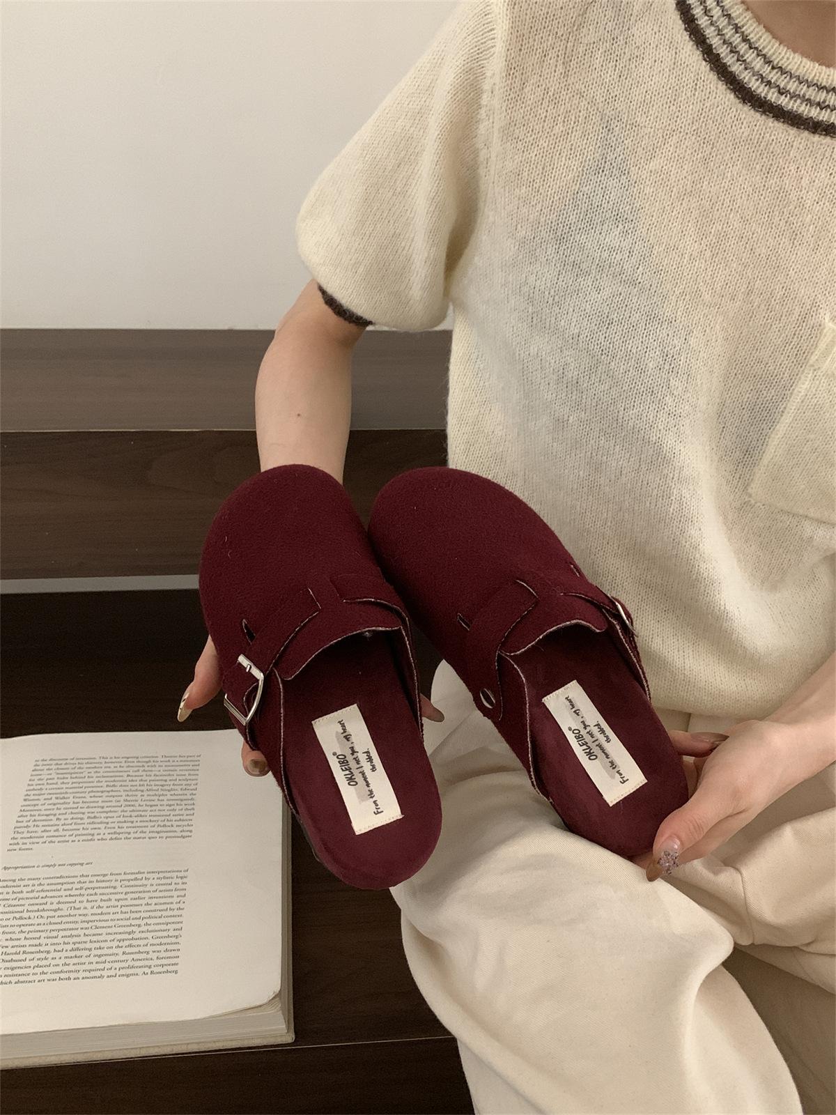 

Толстоподошвенные серые туфли Birkenstock для женской осени и зимы, новая корейская версия, нишевые ретро Birkenstock, шлепанцы-полусапожки с закрытым носком 39 красный