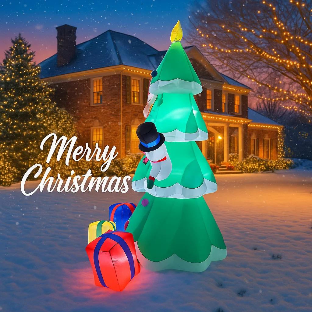 7.9FT Christmas Inflatable Toys With LED Lit Xmas Tree Set Santa Snowman Gift Box Ornament Supplies Festive Xmas Yard Decoration