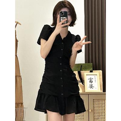 Black V-neck Dress Women's New Summer Waist Slimming A-line Hip Skirt