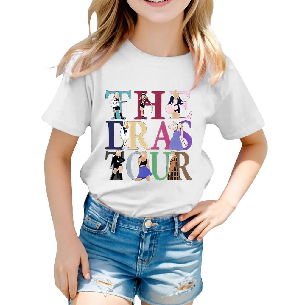 Summer Round Neck 3D Guitar Printed Top Fashionable Casual Short Sleeved Children's Girl T-shirts