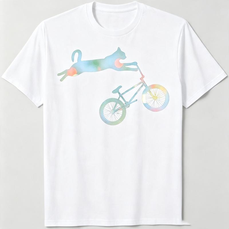 Gradient Watercolor Cat Riding BMX Bike Graphic T Shirt Premium Soft Cotton Short Sleeve Unisex Street Casual Animal Print Tee
