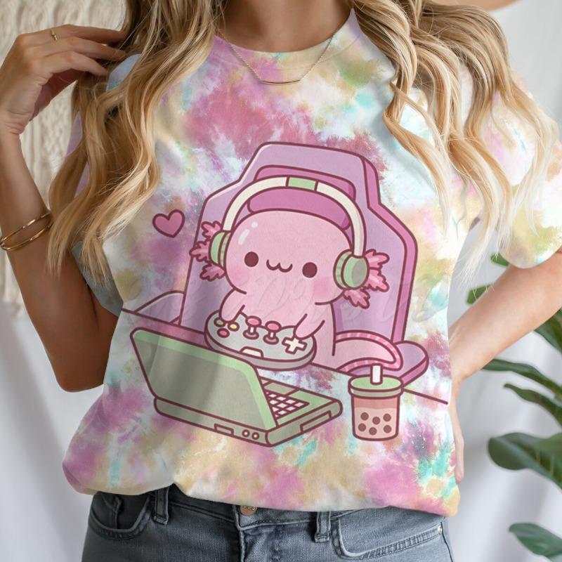 Cute Axolotl Playing Games T-shirt Female Casual Summer Drink Top Tie Dye Boba Tea Cartoon T-shirts Gamer Funny Short Sleeve Tee