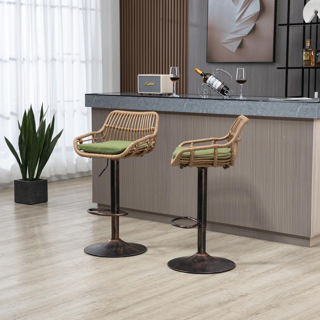 360-degree swivel, height-adjustable bar stools made of rattan, set of two modern bar stools, suitable for kitchens, dining rooms and bars. (Green)