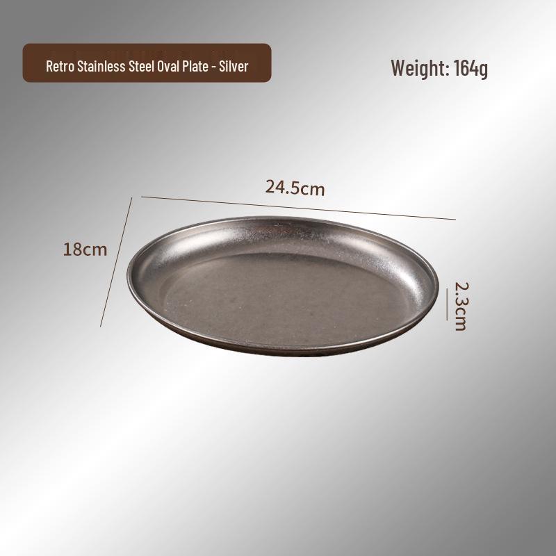 Retro Stainless Steel Egg-Shaped Oval Plate – Creative Dinnerware for BBQ, Cold Dishes, and Snacks