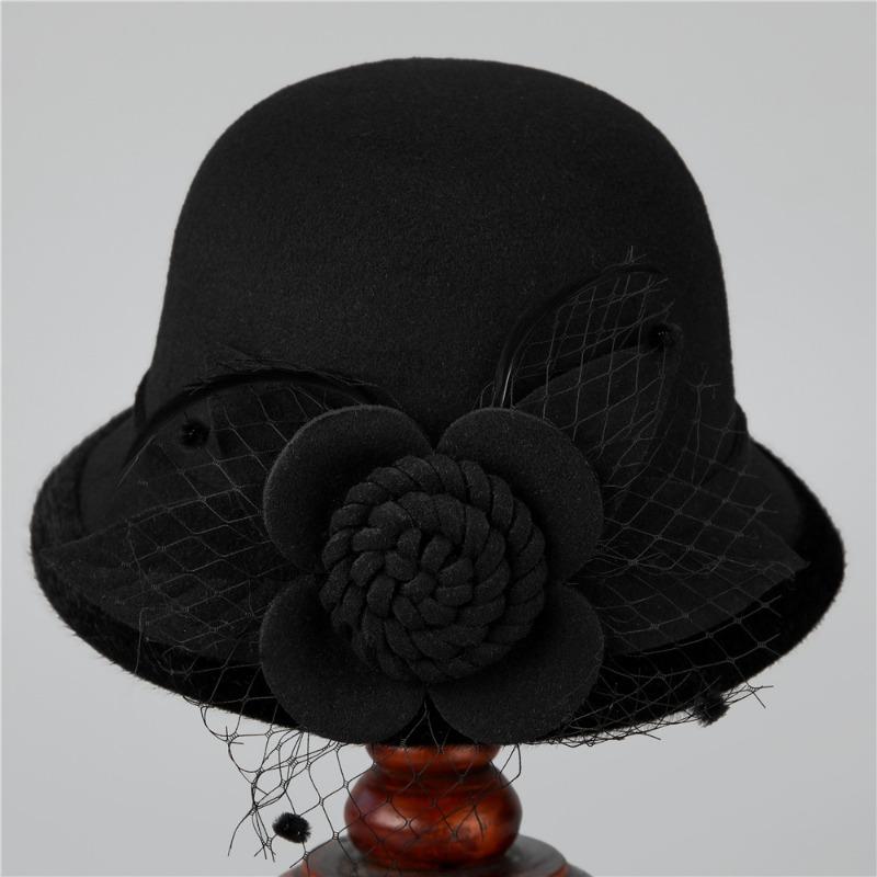 Hats for Women Warm Wool Woolen Hats for Autumn Winter Mother's Temperament Round Top Hats Elegant Retro Mesh Flower Fashion Hats