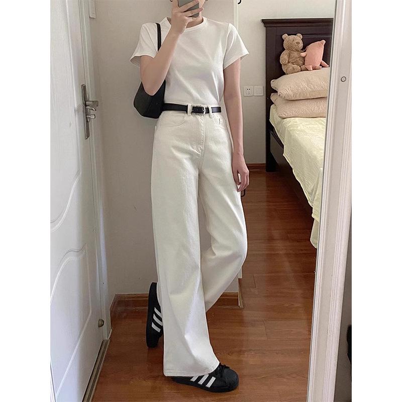 Women's White High-Waist Wide-Leg Jeans - Plus Size, Pear-Shaped Fit, Slimming and Loose for Autumn