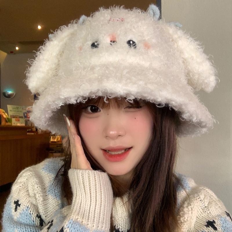 Sweet and Cute Rabbit Ear Plush Bucket Hat Women's Autumn and Winter Cold and Warm Versatile Face Small Ear Protector Basin Hat