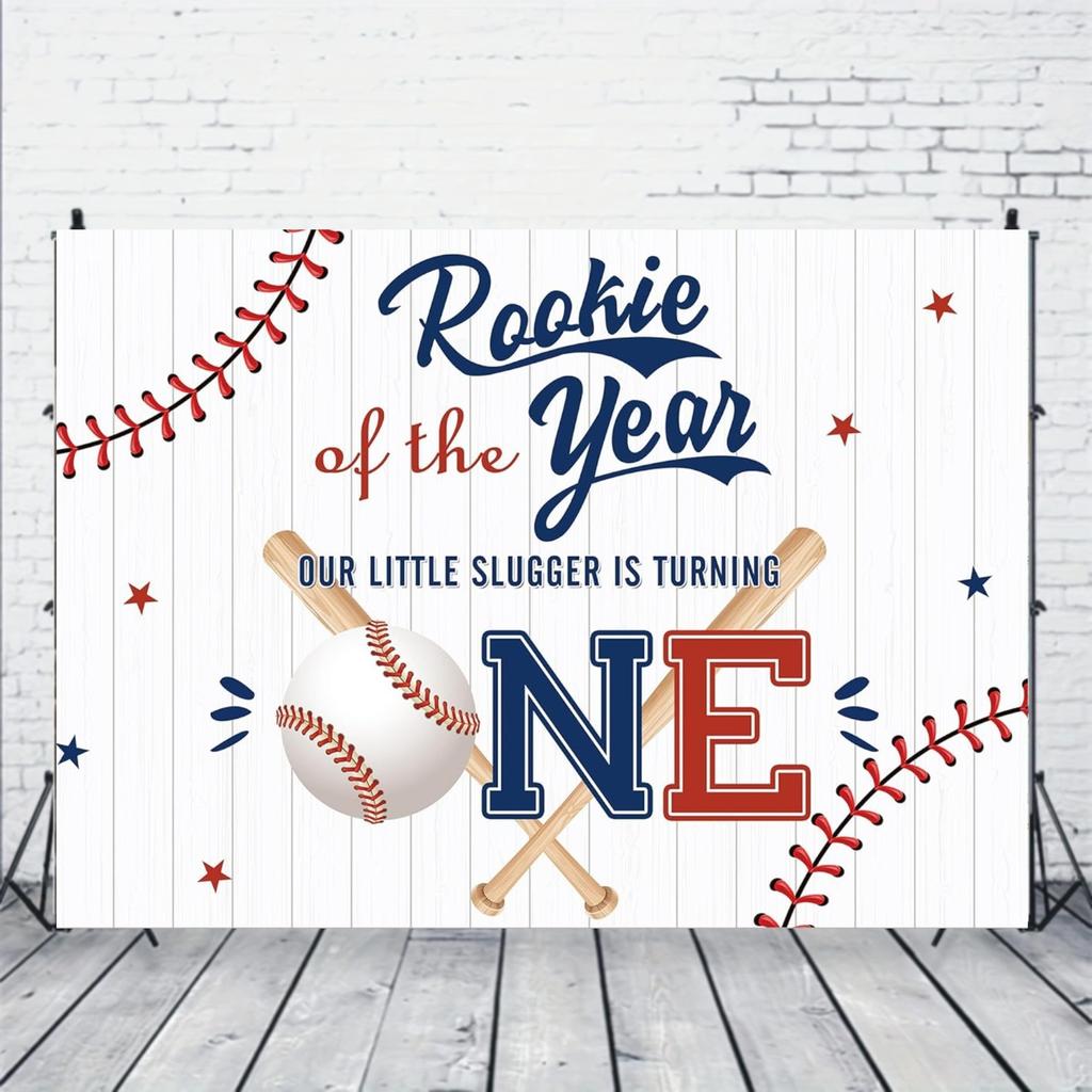 Baseball-themed 1st Birthday Party Backdrop - Rookie of the Year Design Blue Mahogany Hitter Polyester Photo Booth  Backdrop