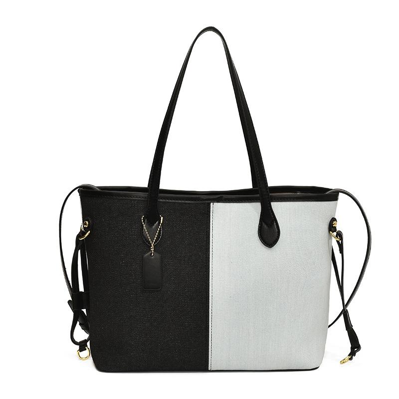 

Large capacity denim bag women s new fashion splicing contrasting color shoulder bag commuter casual tote bag 41*12*26cm чорний