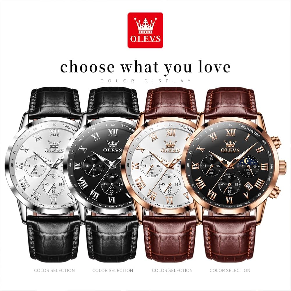 OLEVS Men's Stylish Waterproof Watch with Brown Leather Strap, Date Display, Analog Quartz, Black Dial