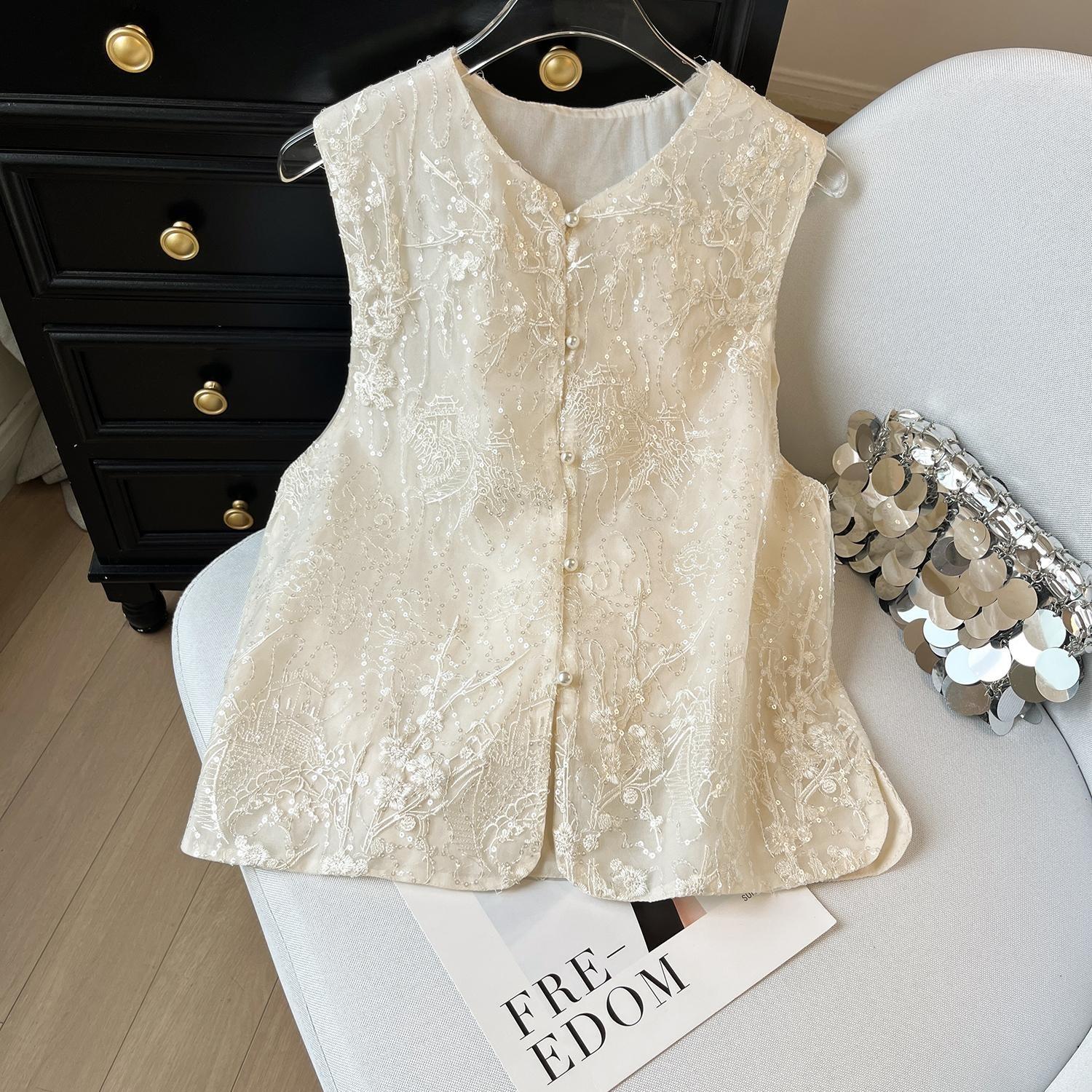 

6582 вышитый пайетками жилет из органзы 2025 лето новая майка без рукавов 3XL ([Recommended 138-75kg])