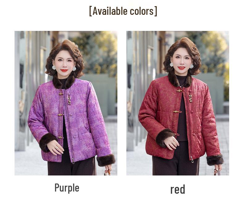 Luxury Retro Jacquard Cotton Jacket for Women: Winter Style with Plush Padding, Perfect for Mid-to-Older Age During Spring Festival.