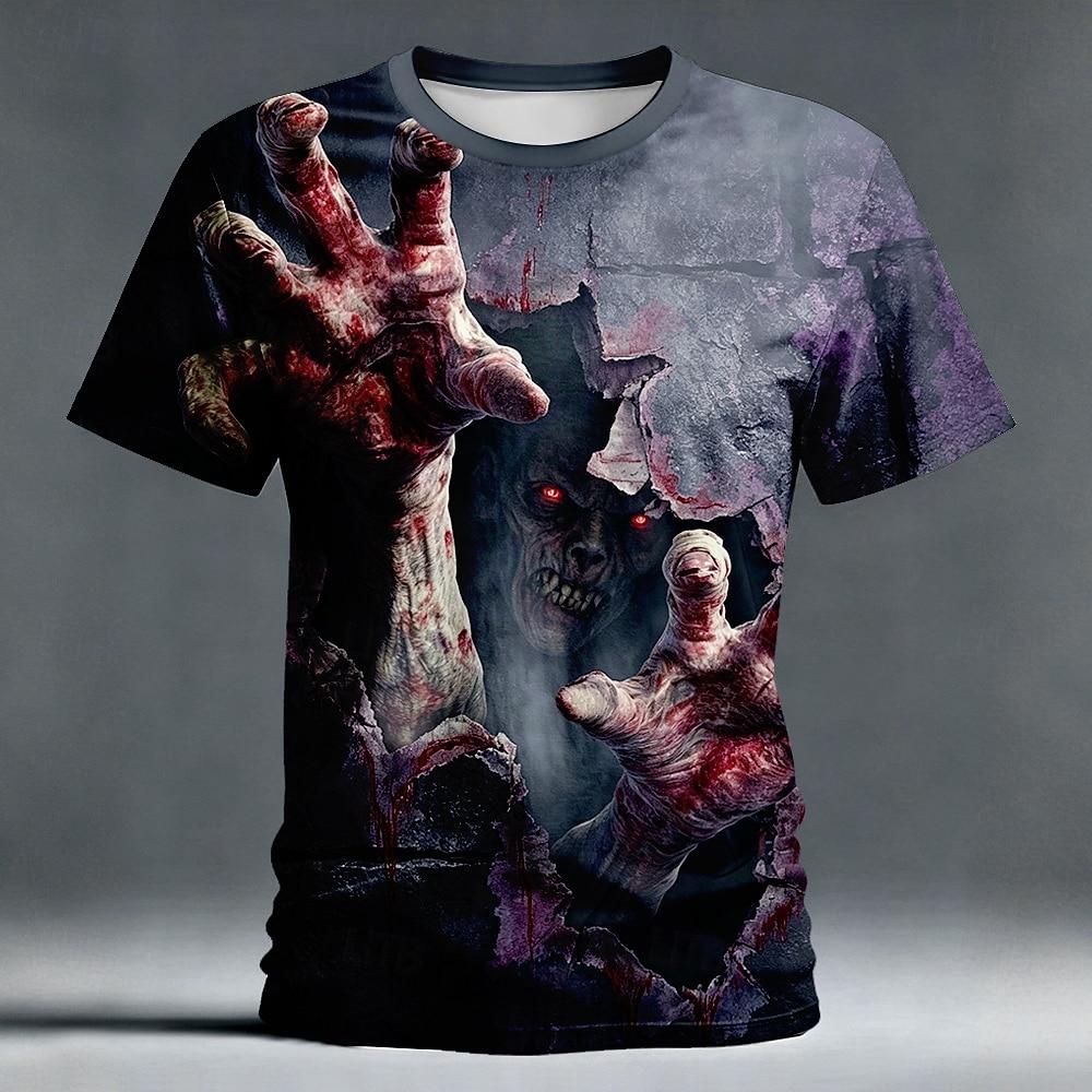 Halloween Men's Skull Optical Illusion 3D T Shirt Short Sleeve T shirt 3D Print Crew Neck Shirt Horror Club Party Streetwear
