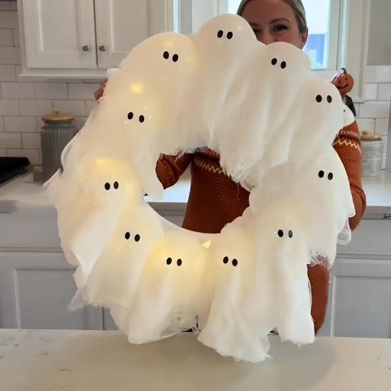 Halloween Ghost Wreath with 12 LED Lights Small Light-up White Ghost Hanging Wreath for Front Porch Door Wall Indoor Outdoor Decoration