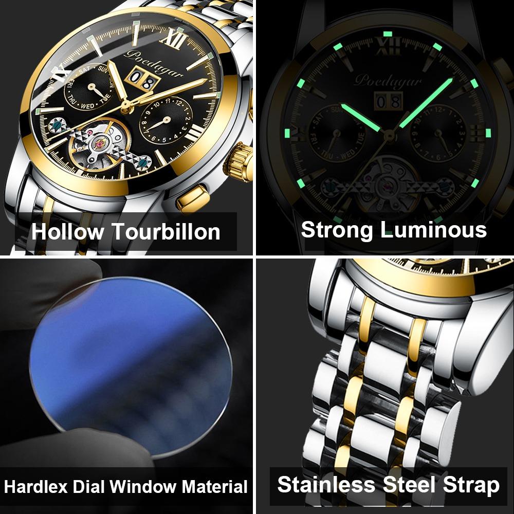 POEDAGAR Automatic Mechanical Watch Men Tourbillon Skeleton Wristwatch Calendar Week Display Leather Strap