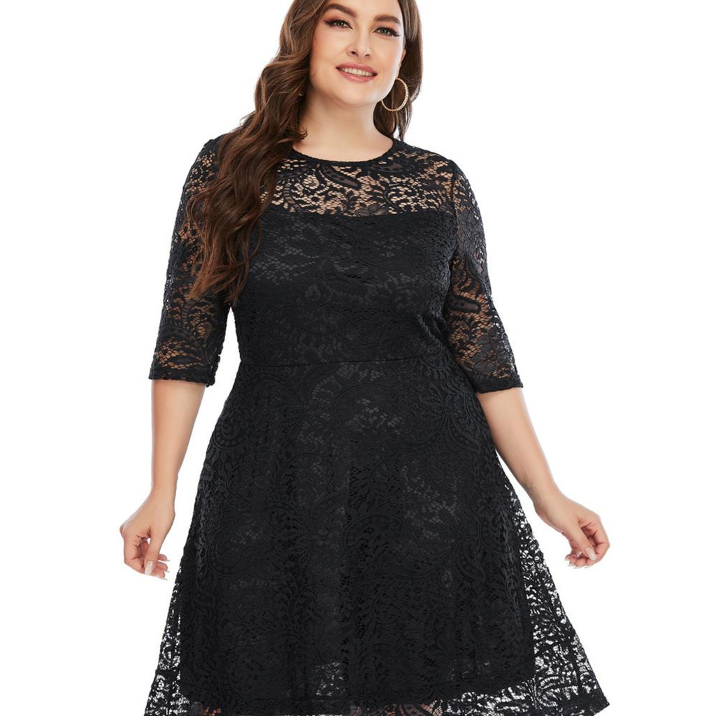 Stylish and Versatile Midi Dress In Plus Size with Semi-Sheer Sleeves