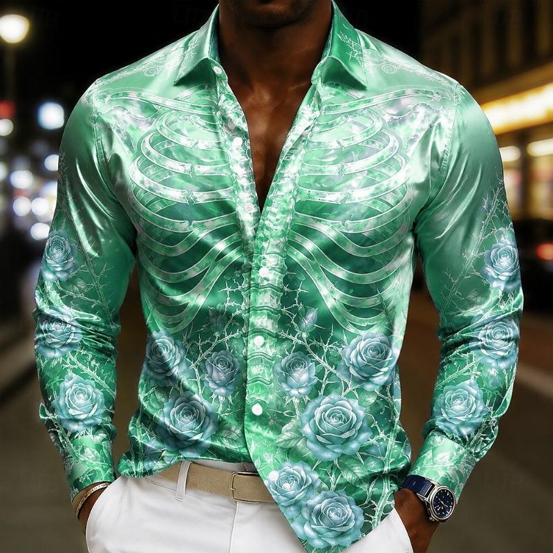 Luxury Men  Silk Satin Shirt Rose Floral Jacquard Long Sleeve Slim Fit Formal Evening Wedding Prom Party Business Dress Shirts