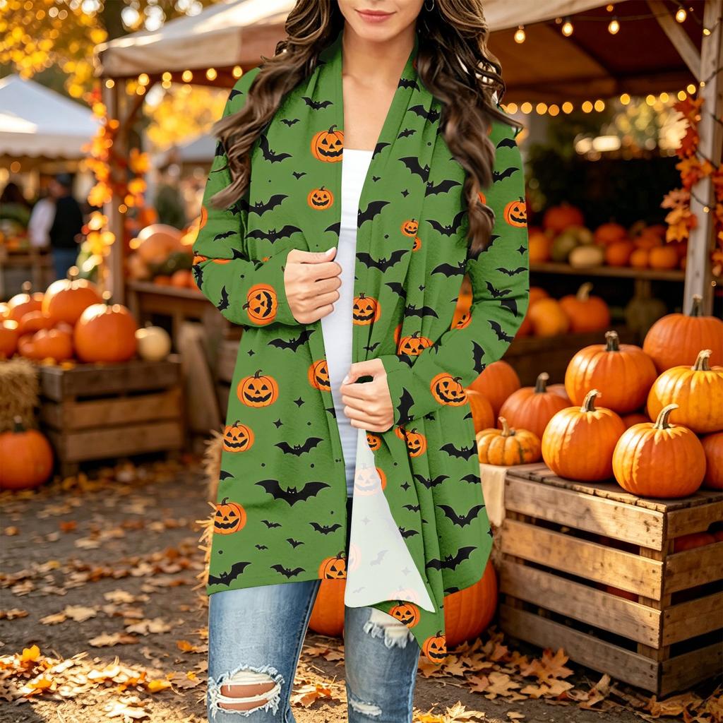 Damen Trendy Halloween-Print Langarm-Strickjacke Pullover für Lässige Herbstmode