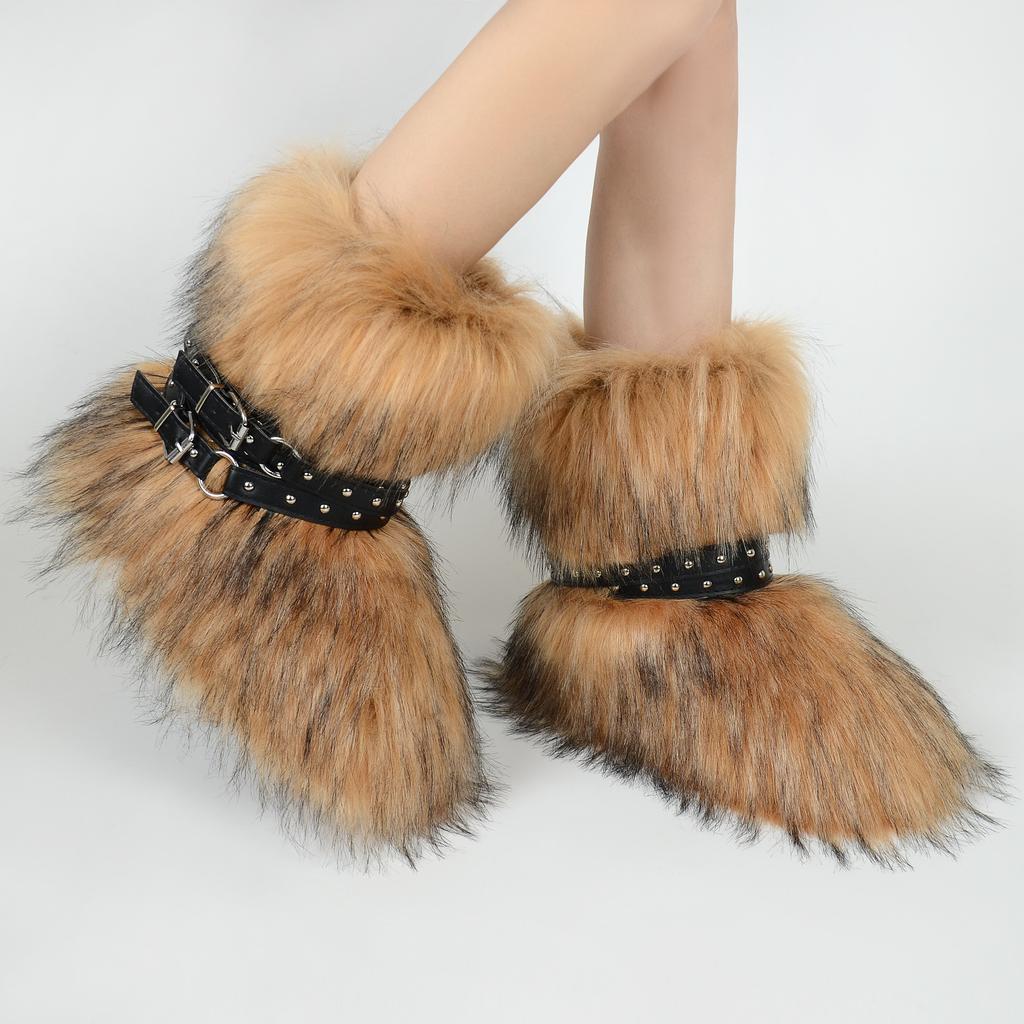 Women's Faux Fur Snow Boot Winter Warm Fluffy Furry Ankle Boots for Women Outdoor Fuzzy Mid-Calf Booties Plush Warm Snow Shoes for Outdoor Indoor